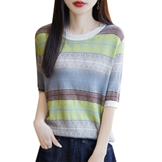 2025夏季新款莱塞尔天丝针织短袖T恤女圆领提花宽松简约通勤上衣，女装针织衫/毛衣，源达羊绒