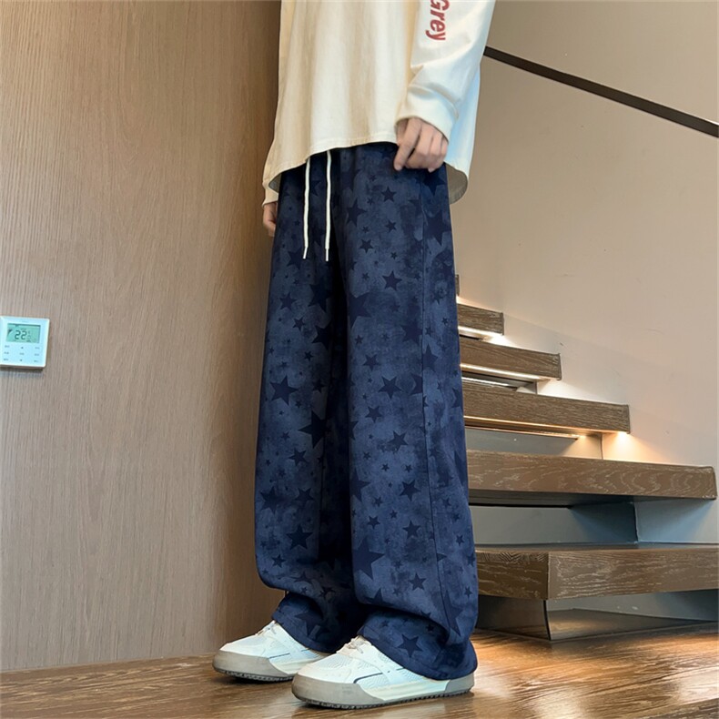 美式藏蓝色星星卫裤男款直筒宽松慵懒松弛感裤子小众设计感休闲裤，男装休闲裤，电商B325