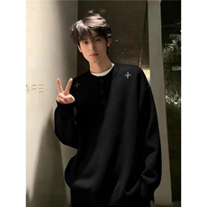 现货黑色老钱风亨利领刺绣毛衣男M471特P50，男装针织衫/毛衣，星座205-3