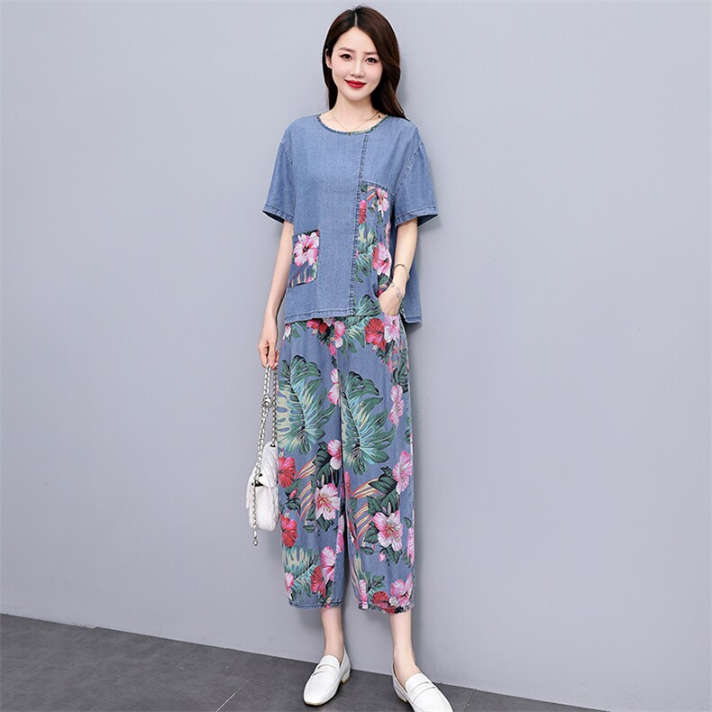 现货！天丝牛仔拼接套装女2024夏季新款洋气优雅气质两件套,女装套装/套裙,魅影