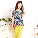 时尚彩色几何图案雪纺衫宽松显瘦短袖上衣，女装蕾丝衫/雪纺衫，雪樱依海