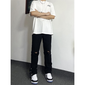 新款美式高街ins小众拉链排扣破洞休闲牛仔裤货号K642P6078图片