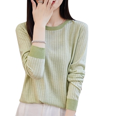 秋冬季通勤休闲-丝毛提花圆领休闲条纹针织衫，女装针织衫/毛衣，朝思羊绒