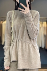 半高领中长款100%纯羊毛衫女秋冬新款抽绳针织毛衣宽松羊绒打底衫，女装羊毛衫，琳尚羊绒