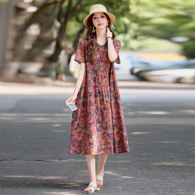 时尚休闲印花棉麻短袖连衣裙女2025夏新款简约宽松复古文艺风裙子,女装连衣裙,依万里