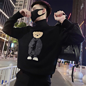 LV103/特P93控123冬季社会小伙高领刺绣小熊针织衫打底毛衣男黑1图片