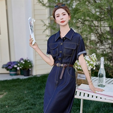 港风复古短袖牛仔连衣裙2025夏季新款女减龄收腰显瘦气质薄款长裙，女装连衣裙，印象茜