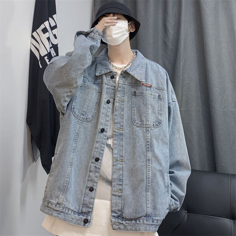 深蓝色牛仔外套男春秋季美式高街潮牌工装夹克青少年大码休闲上衣图片