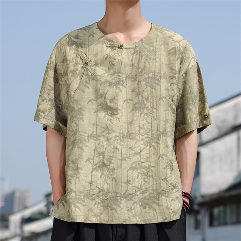 2025夏季新款风男上衣盘扣新中式唐装天丝竹叶衬衫C131-P75,男装衬衫,电商B277(原6028)