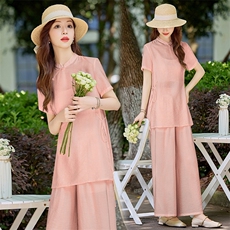 洋气粉色新中式套装女2025夏季薄款立领盘扣上衣显瘦阔腿裤两件套，女装套装/套裙，水衣源