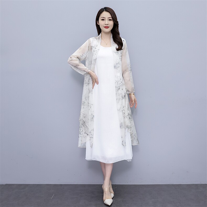 雪纺披肩外套防晒衣女民族中式风连衣裙花色开衫外披水墨画,女装连衣裙,秀美人生