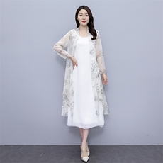 雪纺披肩外套防晒衣女民族中式风连衣裙花色开衫外披水墨画，女装连衣裙，秀美人生