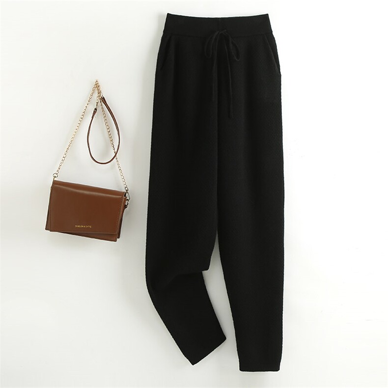 时尚气质小脚裤百搭显瘦纯色保暖羊毛裤高腰抽绳设计休闲舒适，女装休闲裤，奥千羊绒