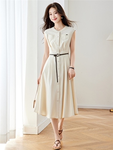 现货！藏青色中长款连衣裙女2026年夏季新款时尚气质优雅韩版裙子图片