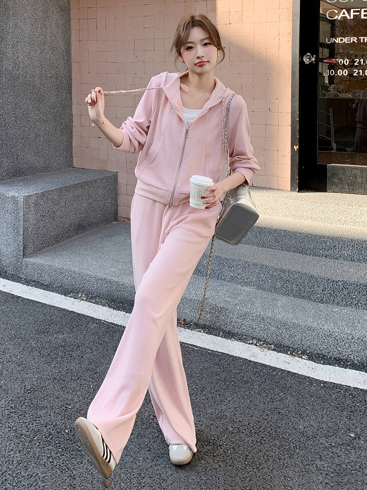 粉色慵懒风连帽休闲卫衣套装女春季2025年新款减龄阔腿长裤两件套,女装套装/套裙,蝶眷
