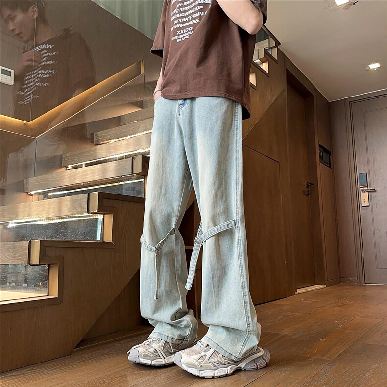 美式绑带工装牛仔裤男M-4XL直播平直P65控88,男装牛仔裤,电商B219B