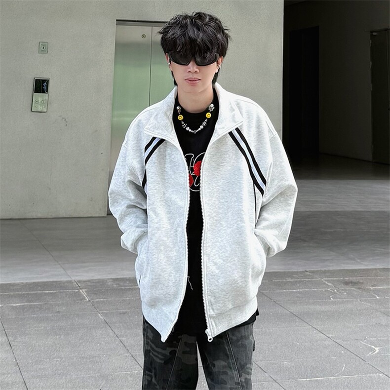 抖音得物高品质二开25秋冬美式重磅结构织带撞色立领卫衣外套W70，男装卫衣，电商A486-1