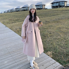 粉色茧型宽松羊毛双面羊绒大衣女冬新款高级感长过膝加厚毛呢外套，女装羊绒大衣，2C056