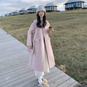 粉色茧型宽松羊毛双面羊绒大衣女冬新款高级感长过膝加厚毛呢外套图片