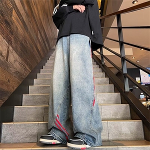 美式潮牌工装阔腿长裤宽松显瘦日系做旧直筒牛仔裤图片
