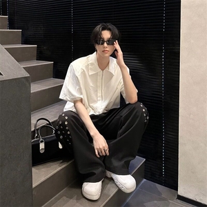 港风复古短袖衬衫男女夏季休闲别致正肩上衣小众设计感POLO领衬衣图片