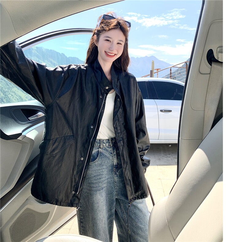 设计感皮衣外套女春秋款宽松休闲百搭上衣潮酷洋气中长款PU皮夹克,女装皮衣,维壹