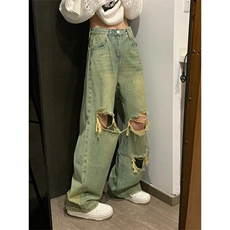 黄泥色水洗做旧破洞牛仔裤夏季薄款宽松乞丐裤1007-CCNZ02-特P48，男装牛仔裤，星座1007（原301D）