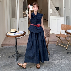 气质显瘦牛仔套装裙女2025夏新款港风复古小飞袖衬衫半身裙两件套，女装套装/套裙，2C085