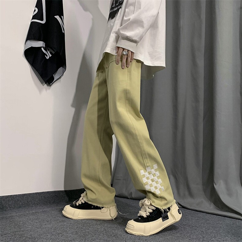 高街美式棋盘格刺绣牛仔裤男宽松阔腿设计感裤子N01352-P48,男装牛仔裤,星座308B-1