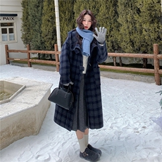 深蓝色复古格纹双面呢大衣女2025中长款外套2C227/3321/P265K338，女装毛呢外套，2C227
