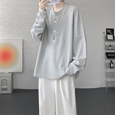 8XL-M慵懒肌理感华夫格廓形云母贝纽扣长袖T恤打底长袖CX3006P48，男装T恤，电商D206-1