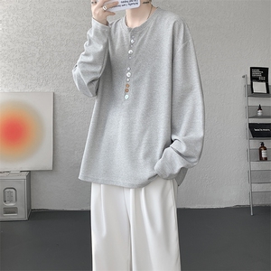 8XL-M 慵懒肌理感华夫格廓形云母贝纽扣长袖T恤打底长袖CX3006P48图片