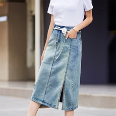 现货淑女浅色开叉牛仔半身裙2025夏季新款花朵链条韩版A字包臀裙，女装套装/套裙，跑量工厂店