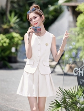 小香风西装马甲套装裙女2025夏季气质无袖背心上衣百褶短裙两件套，女装套装/套裙，曼琳思菲
