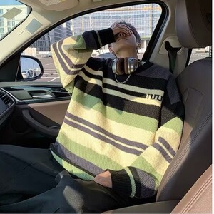 M248-P46 撞色条纹圆领毛衣男秋冬季日系潮牌宽松百搭复古图片