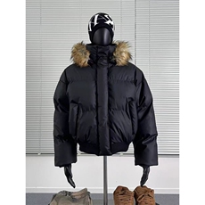 现货三防重磅硬挺boxy短款羽绒棉衣座山雕大毛毛领PU皮棉服外套冬，男装棉衣，电商A443