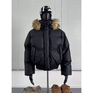 现货三防重磅硬挺boxy短款羽绒棉衣座山雕大毛毛领PU皮棉服外套冬,男装棉衣,电商A443