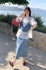 小香风蕾丝拼接假两件碎花衬衣半身裙套装女夏漂亮独特绝美两件套，女装套装/套裙，2D078