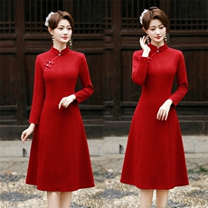 新中式风加厚弹力复合蕾丝提花长袖旗袍2553P135，女装汉服/婚纱/旗袍/礼服，乐衣轩