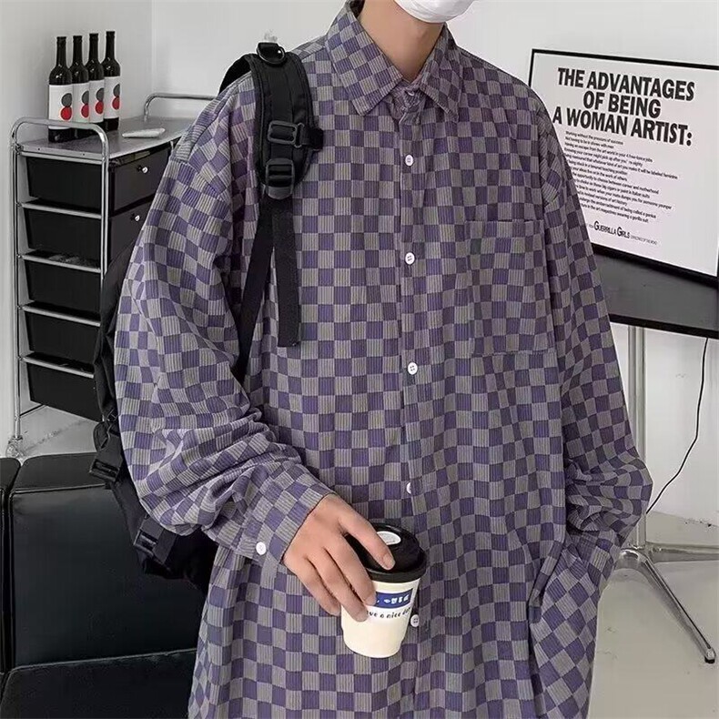 C499P36灯芯绒青少年常规无品牌棋盘格长袖衬衫男秋季美式,男装衬衫,星座512-6