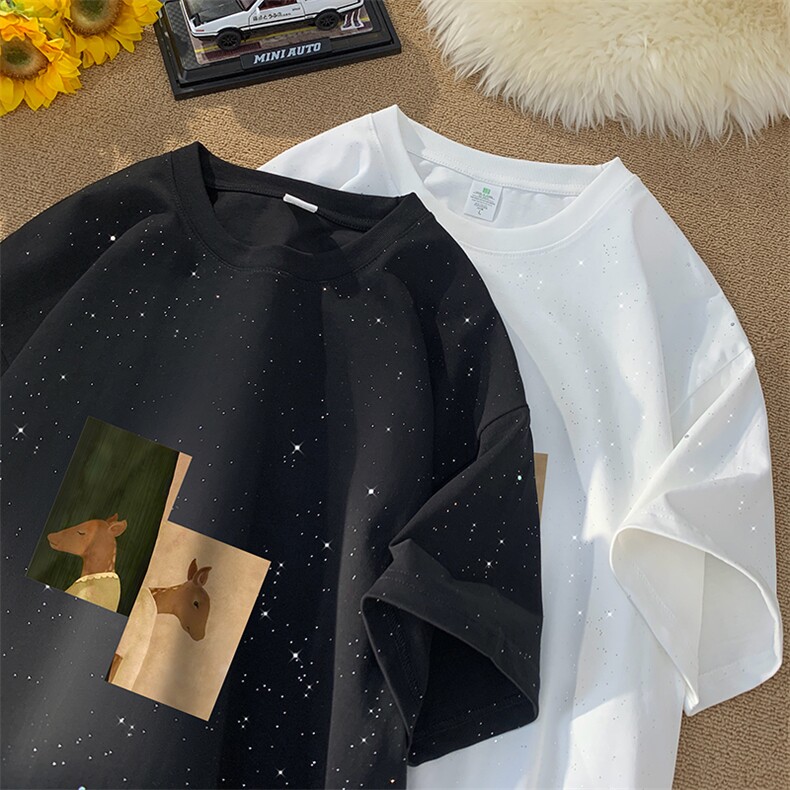量大优供抖音视频 支持得物配合二开美式满天星亮片短袖T恤MTX233图片