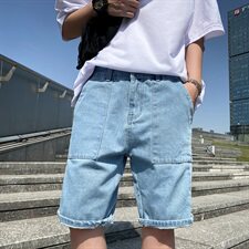 夏款男短裤牛仔五分裤工装大口袋小贴标拼接马裤D，男装牛仔裤，星座1013-1