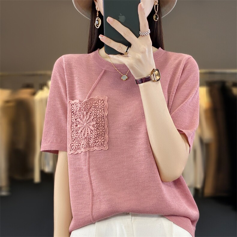 竹节棉t恤女夏季小衫宽松棉麻短袖针织衫女薄款遮肚显瘦刺绣上衣,针织衫/毛衣,大美人包芯纱店