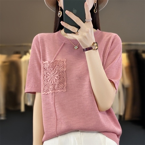 竹节棉t恤女夏季小衫宽松棉麻短袖针织衫女薄款遮肚显瘦刺绣上衣图片