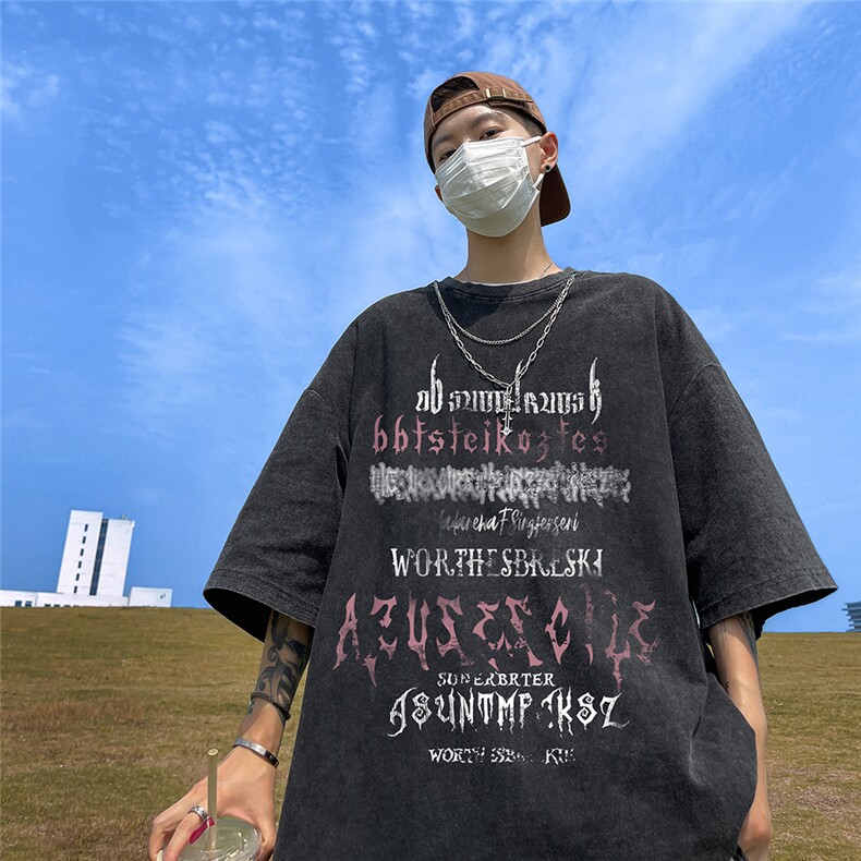 港风个性字母印花百搭带链条短袖圆领丐版T恤DT6342P40控58,男装T恤,电商A268A