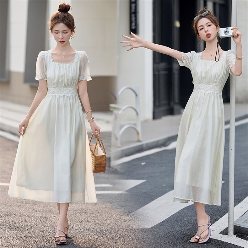 2025夏季新款蕾丝花边拼接显瘦连衣裙,女装连衣裙,1C078