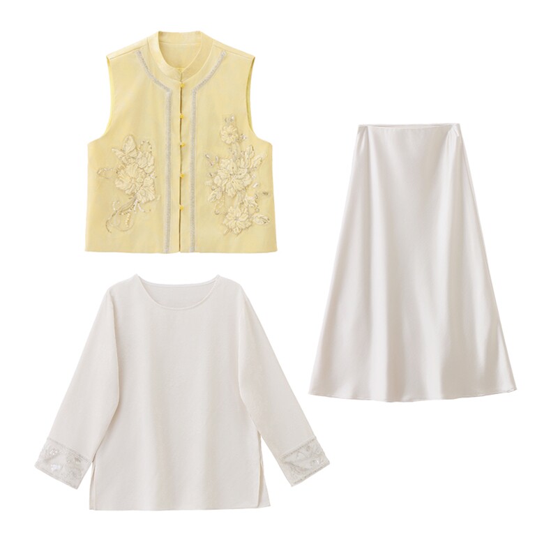 现货春装新款简约时尚休闲重工艺钉珠减龄马甲可组合三件套半裙衫，女装马甲，韩美纤衣