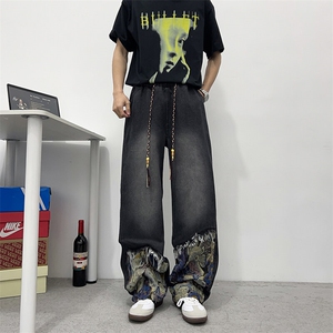 新中式小熊拼接牛仔裤男春夏潮牌痞帅直筒裤美式阔腿裤N9120-P45图片