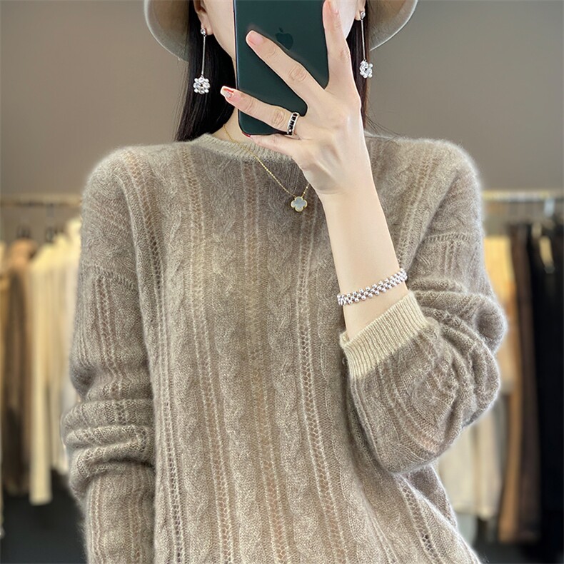 秋冬新款羊毛衫女圆领镂空长袖套头毛衣宽松针织打底衫,女装羊毛衫,蒙莲贝斯