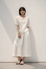 夏季重工蕾丝亚麻衬衫宽松圆领女上衣，女装T恤，湘姗